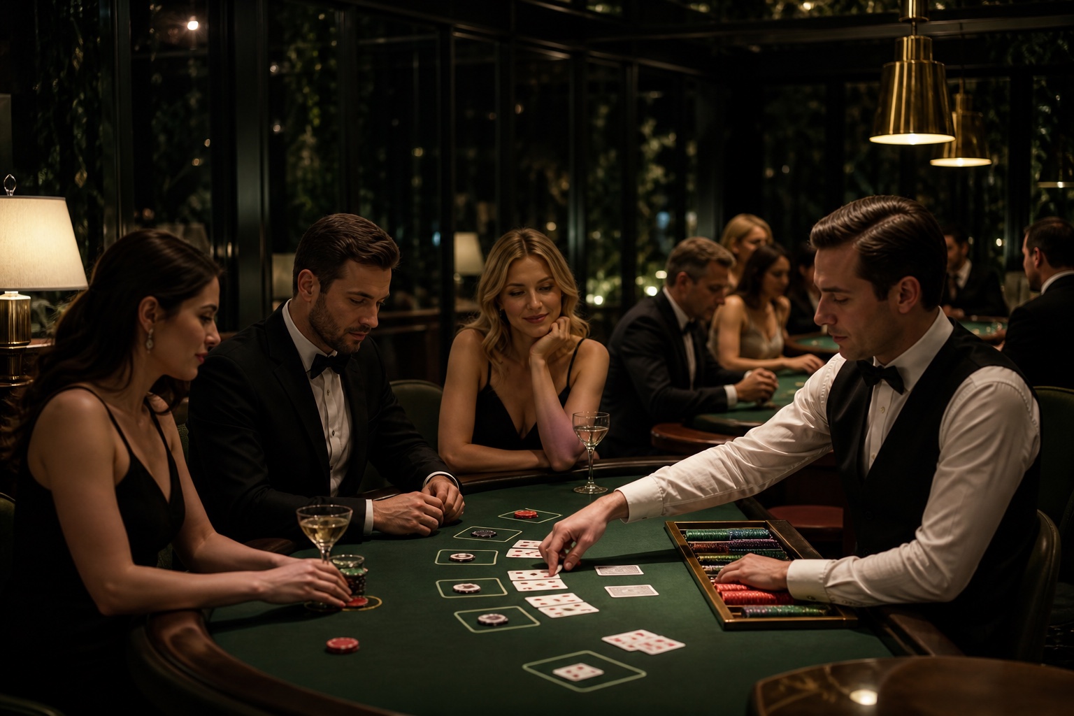 Gospodarz prowadzi partię blackjacka przy zielonym stole